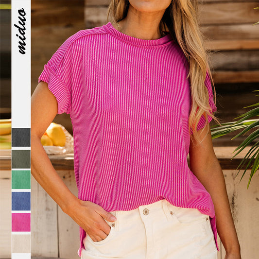 Dame afslappet stribet kortærmet skjorte med rund halsudskæring og løs pasform Stilla