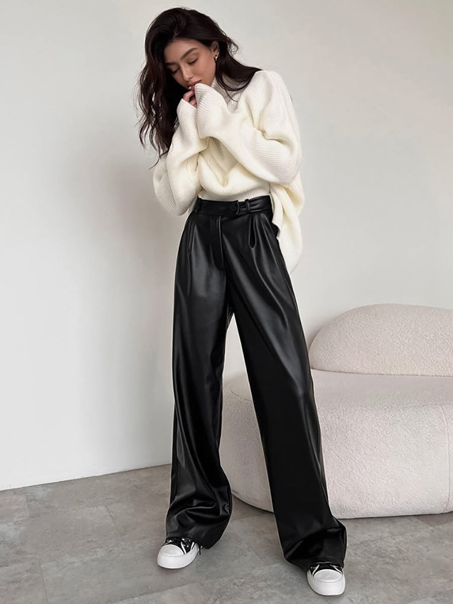 Dame Elegant Høj Talje Kunstlæderbukser med Bred Ben og Bælte Stilla