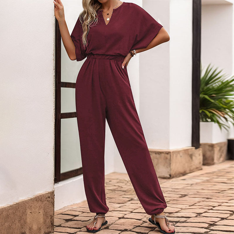 Dame Stilfuld V-Hals Jumpsuit med Elastisk Liv og Vidde Ben Stilla