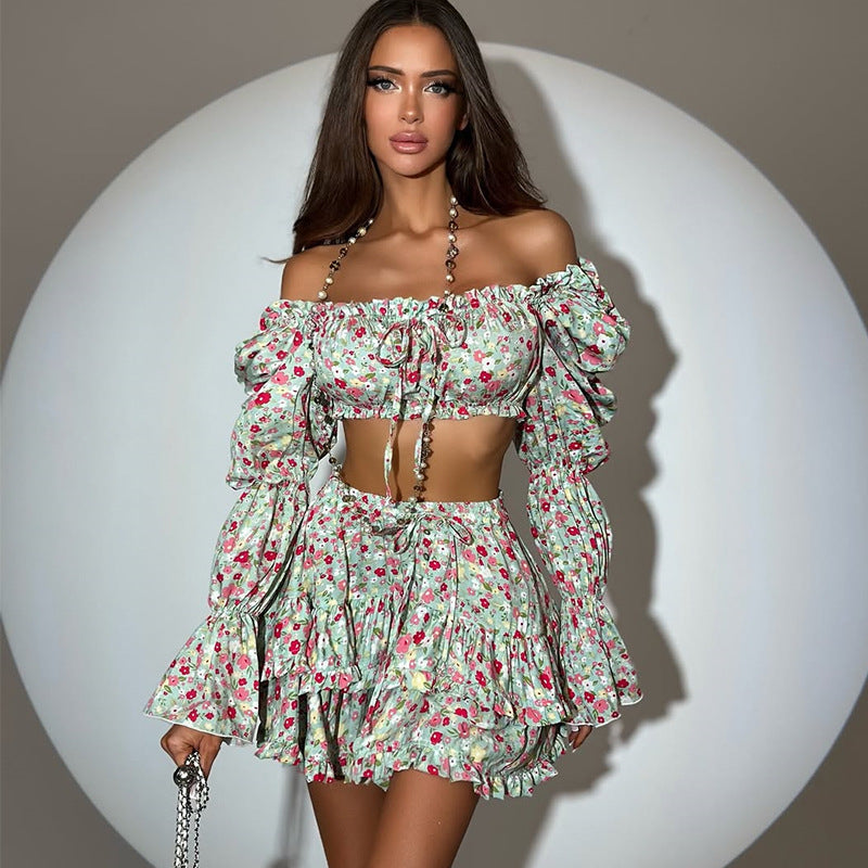 Dame Crop-Top og Shorts Sæt med Volanter og Pufærmer Stilla