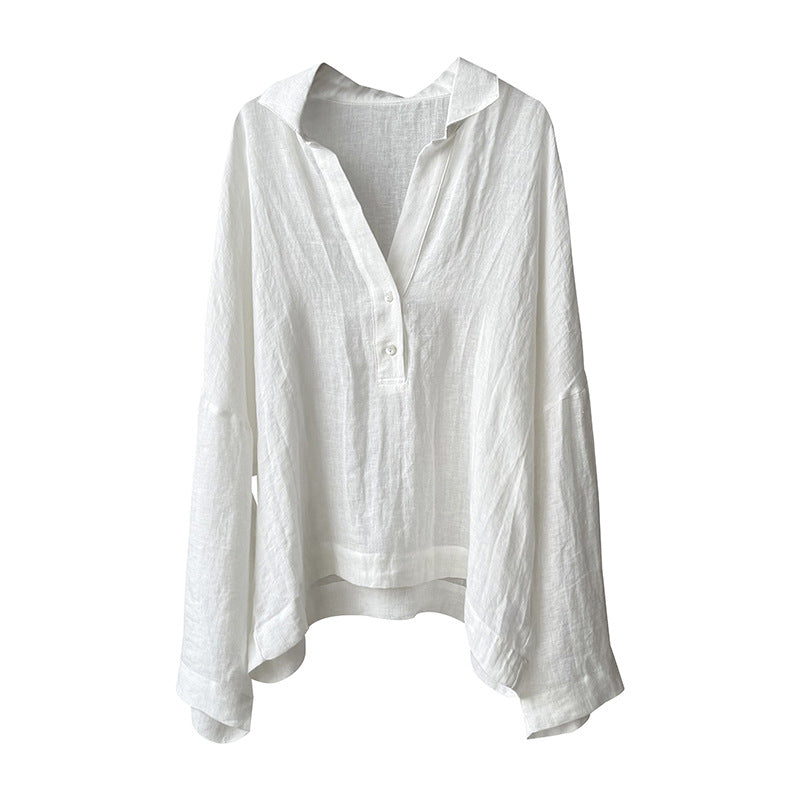 Dame afslappet linnedbluse med knapbar udskæring Stilla