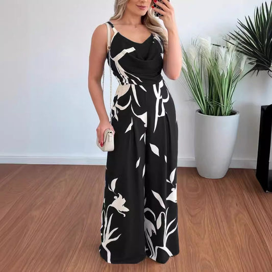 Dame Elegant skåret Jumpsuit med draperingsdetaljer og blomsterprint Stilla