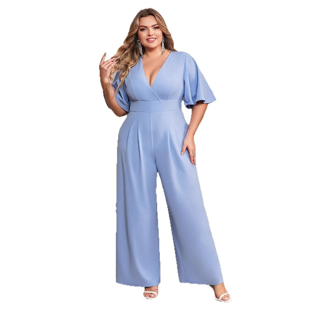 Dame elegant jumpsuit med let V-udskæring og voluminøse ærmer Stilla