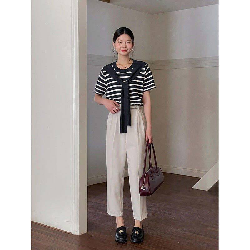 Dame elegant høj talje jakkesæt bukser med folder og bæltestropper Stilla