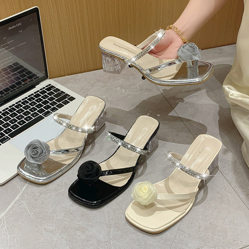 Dame Dekorative Åben Tå Blokhæle Sandaler med Floral Accent Stilla