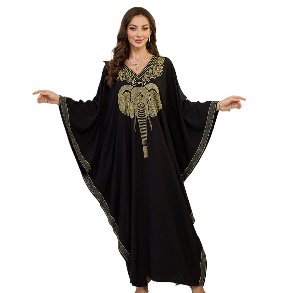 Dame Elegant Kaftan med kunstnerisk elefantbroderi og bredt svingende ærmer Stilla