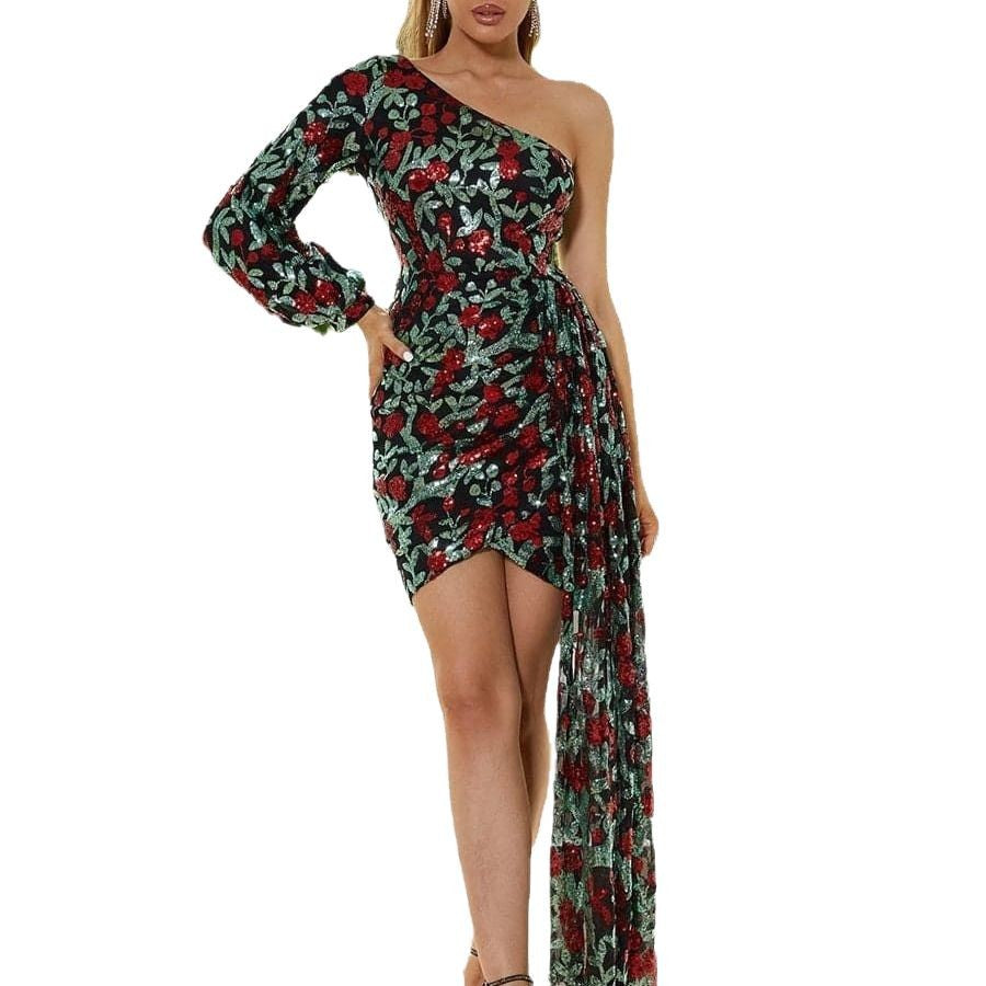 Dame Elegant Aftenkjole med asymmetrisk design og glitrende paljetter Stilla