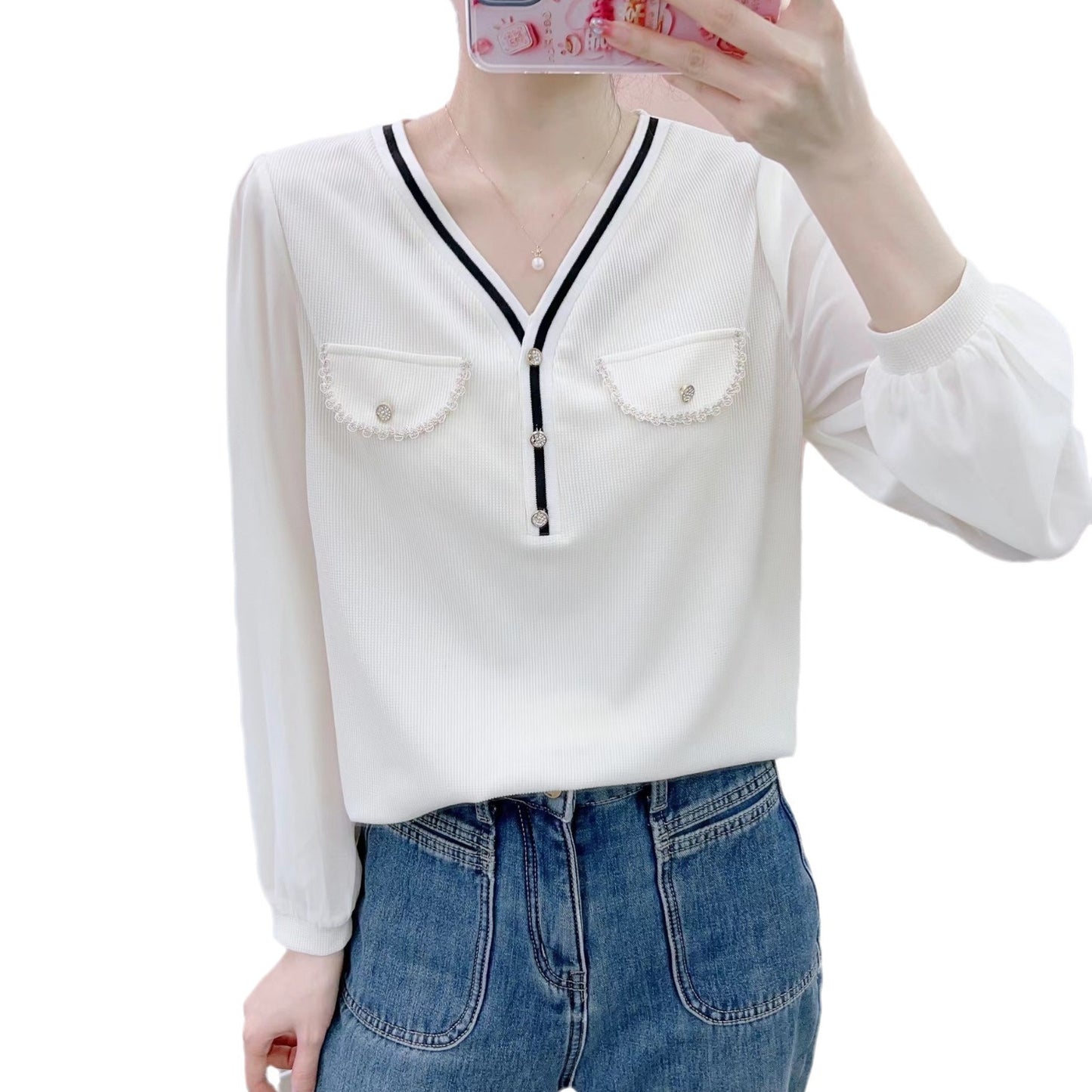 Dame Elegant Bluse med dekorative lommer og raffinerede knapdetaljer Stilla