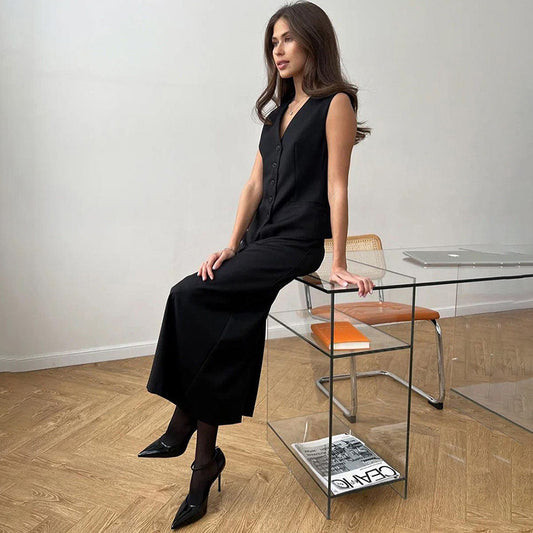 Dame elegant buksedragt sæt med figursyet vest og svajet nederdel Stilla