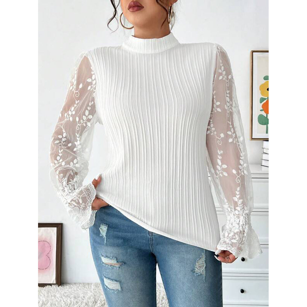 Dame Elegant bluse med gennemsigtige ærmer og rib struktur Stilla