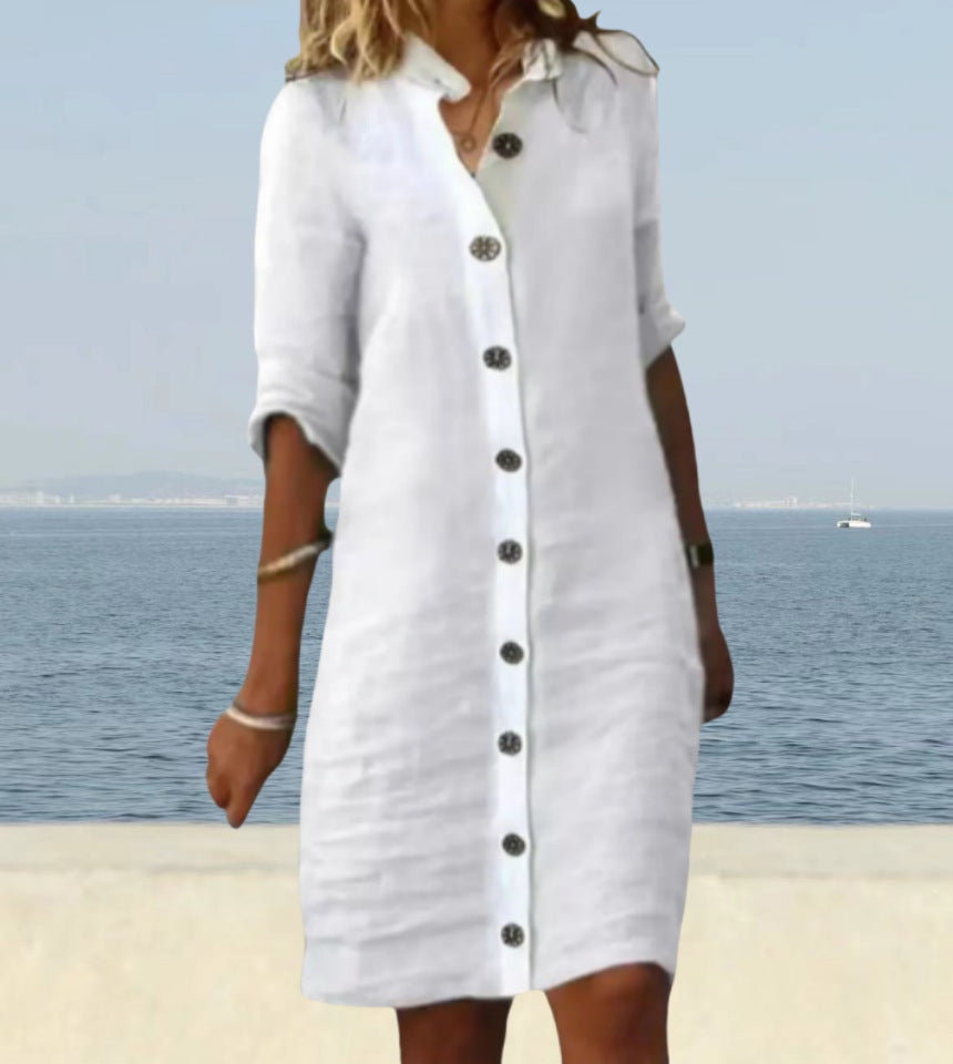 Dame afslappet linnedragt med knaplukning og praktiske lommer Stilla