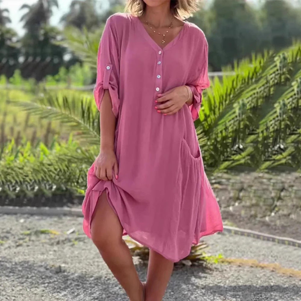 Dame afslappet strandkjole med knapfront og lommer Stilla