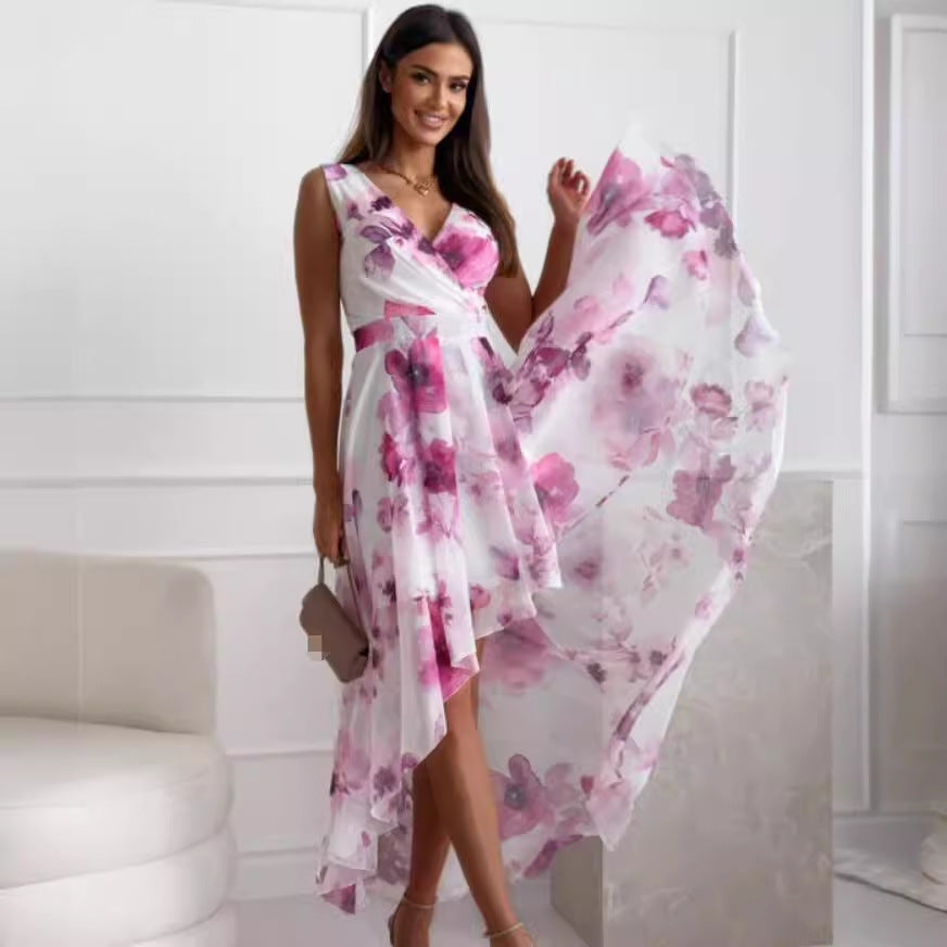 Dame Elegant Floral Maxikjole med Asymmetrisk Kant Stilla