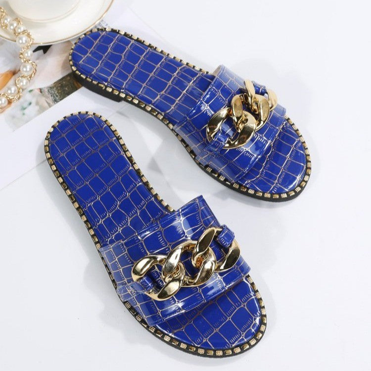 Dame åbne pantoletten med luksuriøs kædeaccent og blød krokodilleprægning Stilla