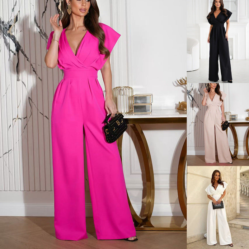 Elegant dame-jumpsuit med brede ben og draperede ærmer Stilla