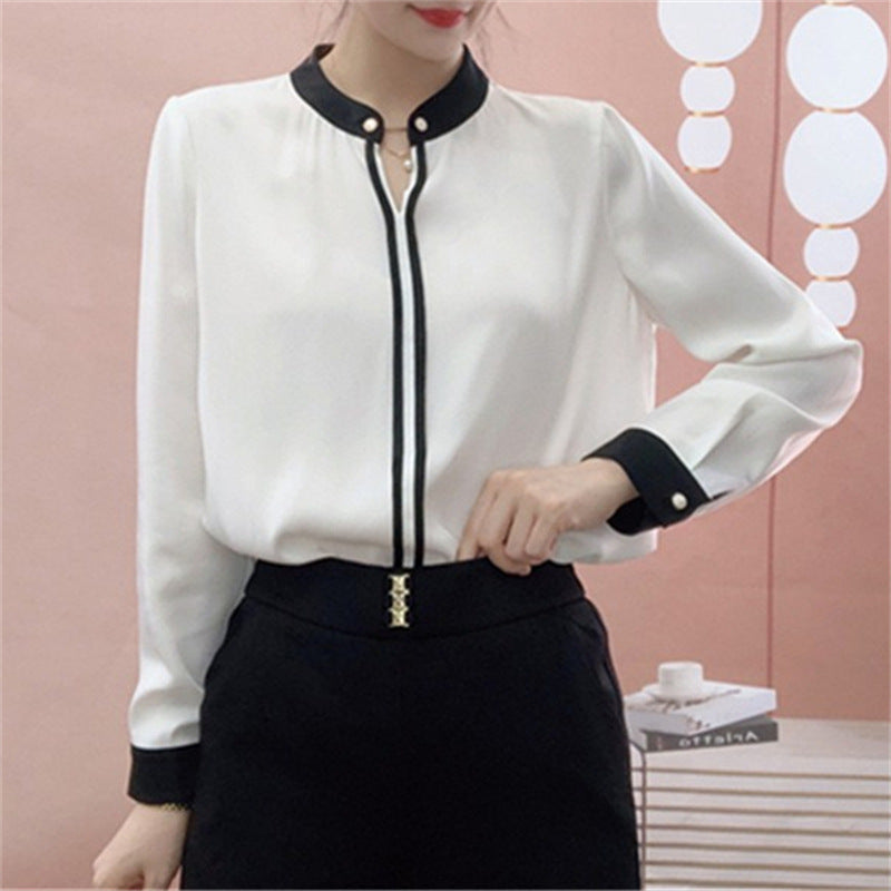 Dame elegant bluse med kontrasterende krave og knapdetaljer Stilla