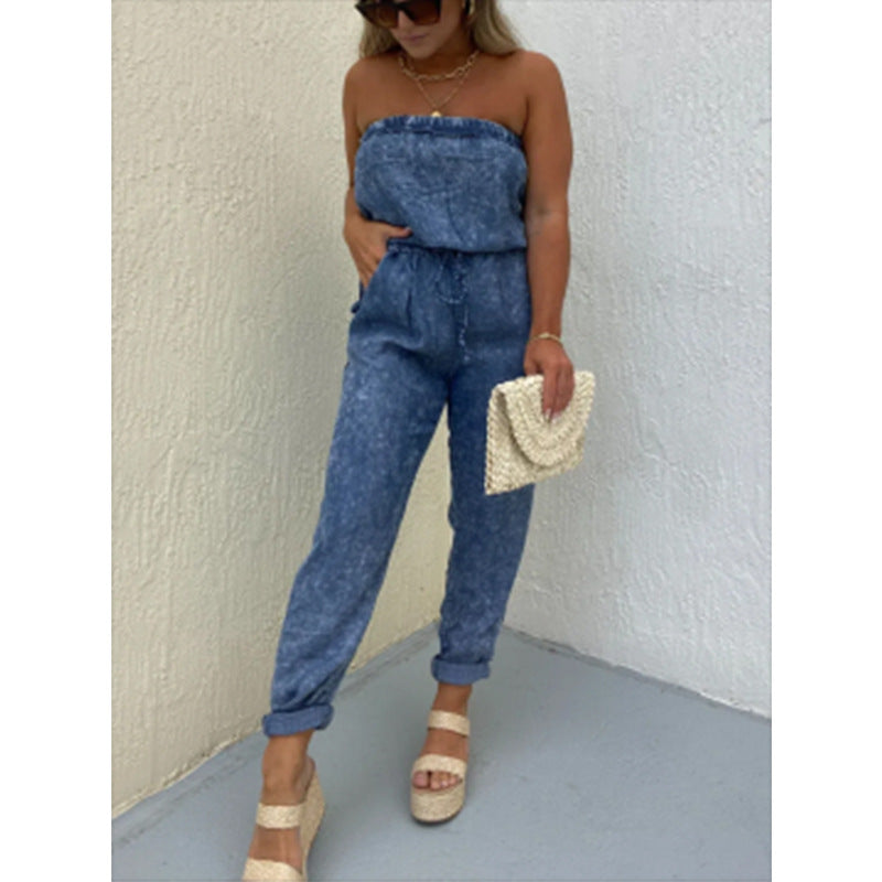 Dame jumpsuit med skulderfri silhuet og elastisk talje Stilla