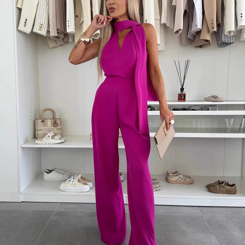 Dame Elegant Bredbenet Overall med Stilfuld Sjal-Detalje Stilla