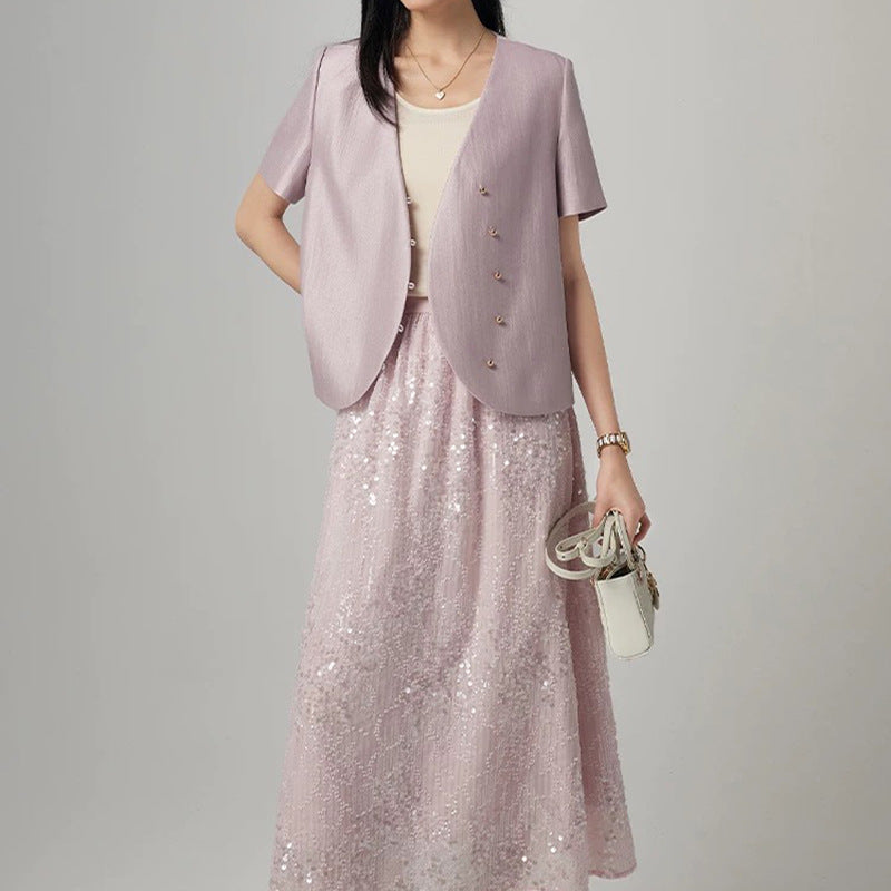 Dame elegant blazerjakke med svingende skørt og fine detaljer Stilla