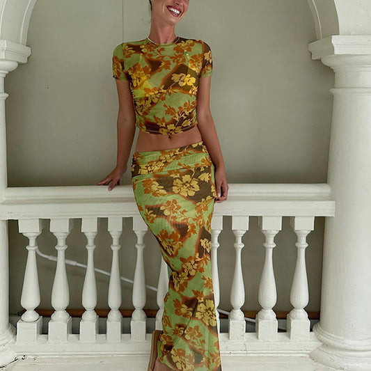 Dame Crop-Top og Maxi-Nederdel Sæt med blomsterprint og elastisk talje Stilla