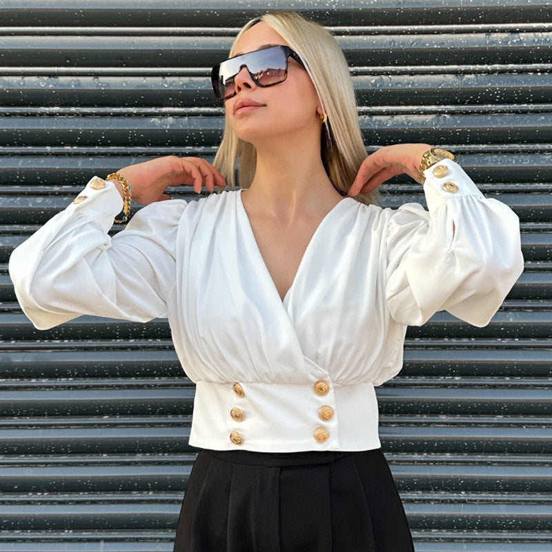 Dame Elegant Bluse med Puffærmer og Knapdetaljer Stilla