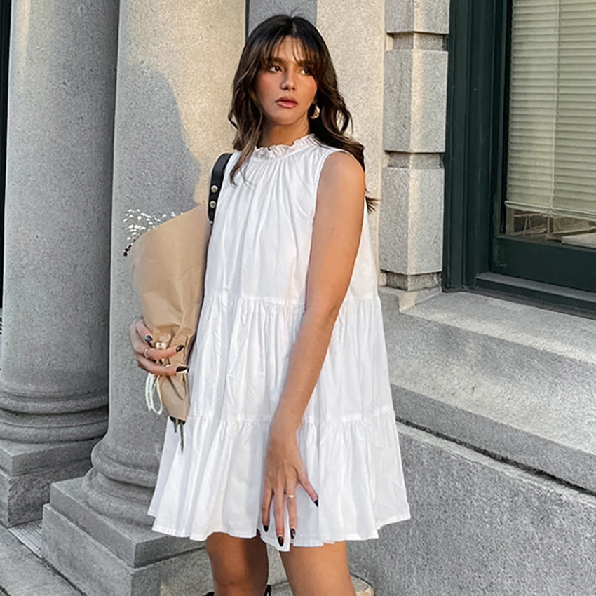 Dame afslappet sommerkjole med voluminøst skørt og højtstående krave Stilla