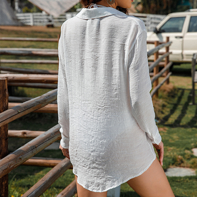 Dame afslappet langærmet bluse med gennemgående knaplukning og moderne snit Stilla