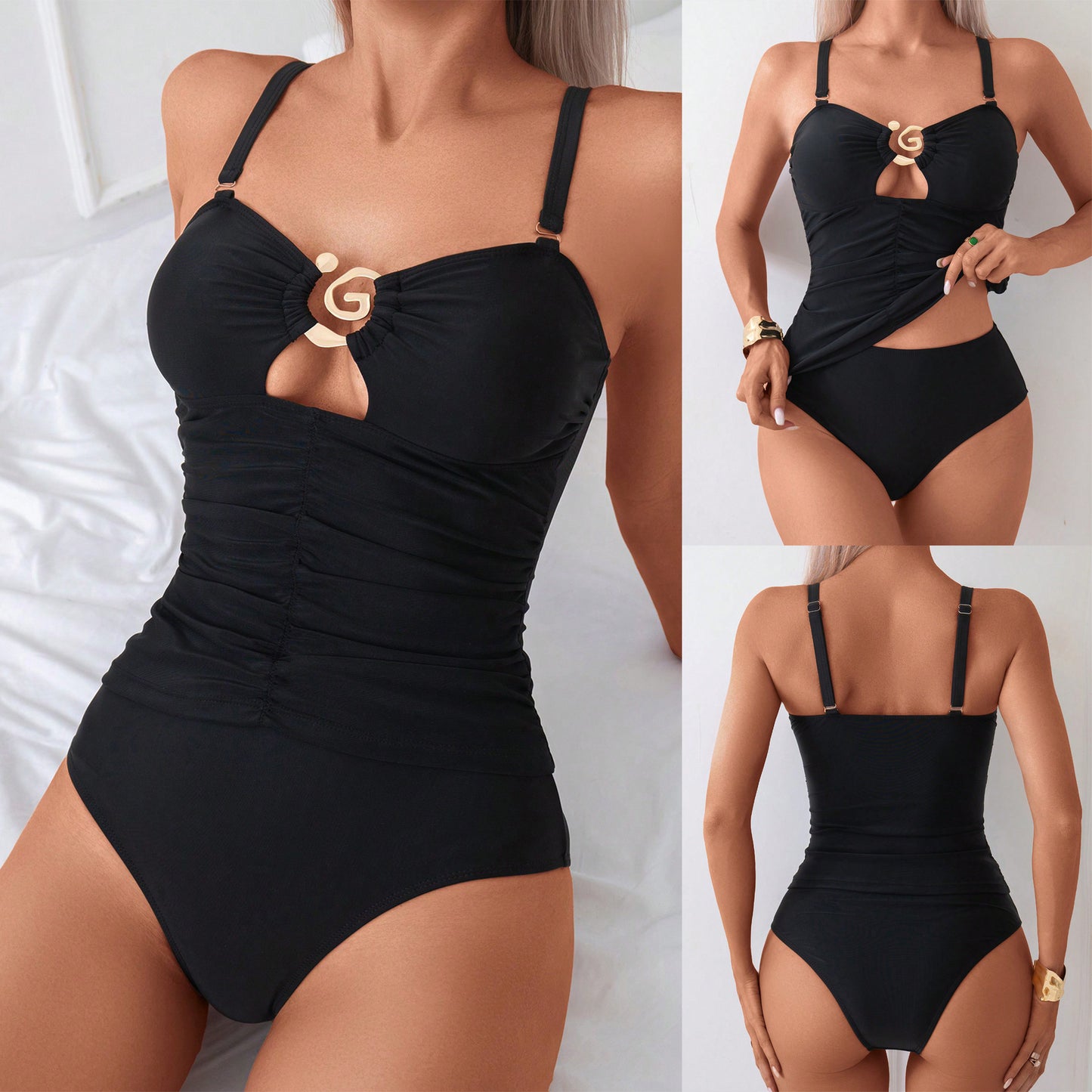 Dame elegant én-delt badedragt med flatterende samleffekt og moderne nøgle-udskæring Stilla