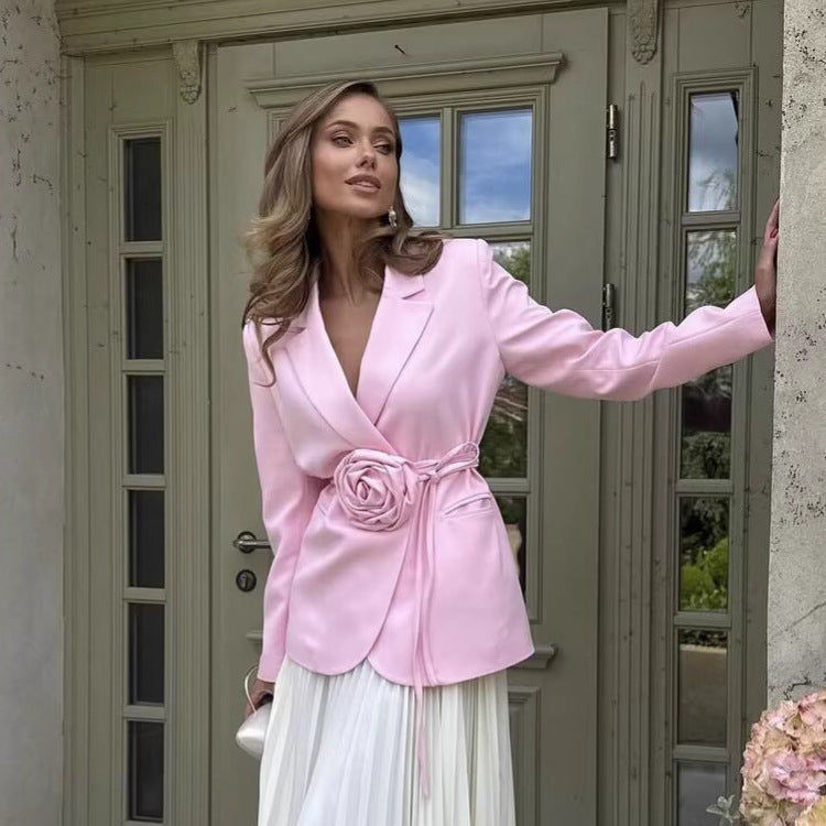 Dame Elegant Blazerjakke med Blomsterapplikation og Taljeret Snit Stilla