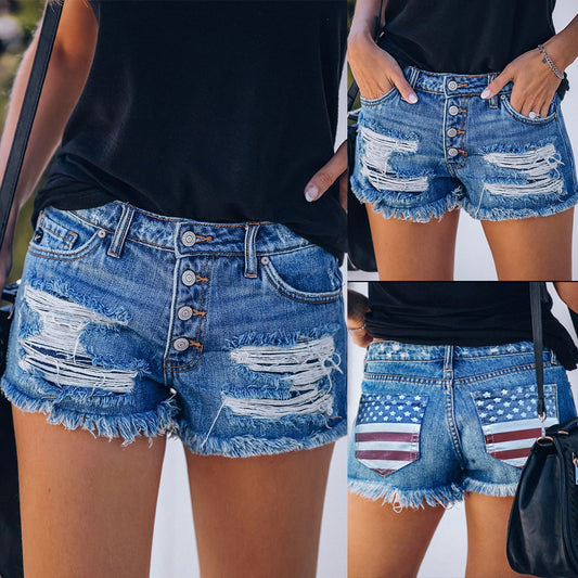Dame Denim-shorts i afslappet stil med amerikansk flag-print og frynset kant Stilla