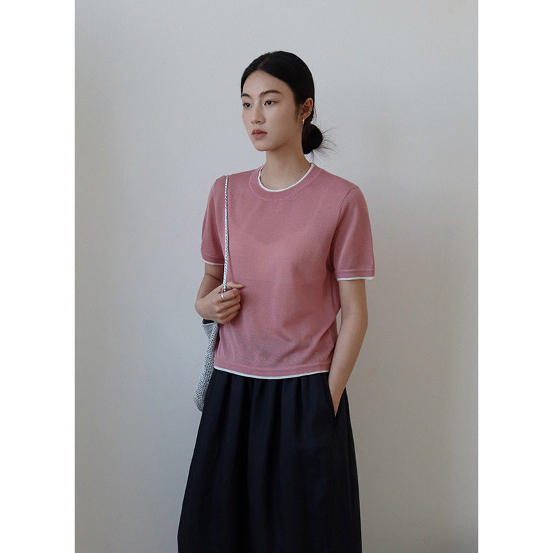 Dame afslappet netshirt med høj rund halsudskæring og korte ærmer Stilla