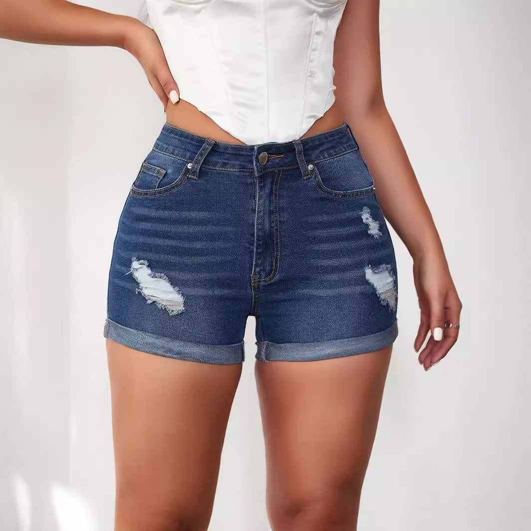 Dame denim shorts med høj talje og fashionable destroyed detaljer Stilla