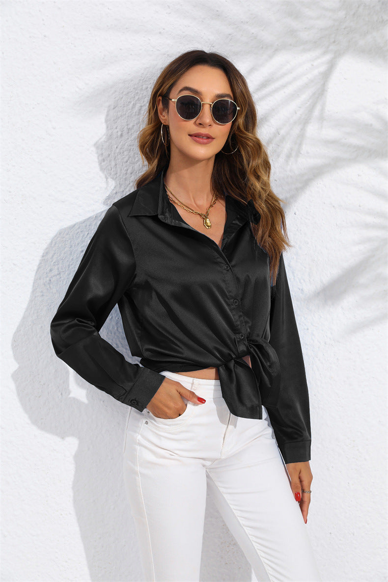 Dame elegant knyttet bluse i satin Stilla