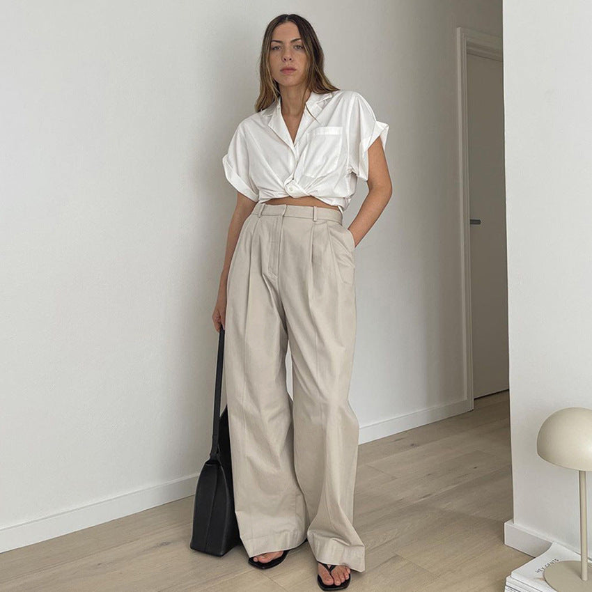 Dame elegant høj talje bukser med vidde ben og elegant plissering Stilla