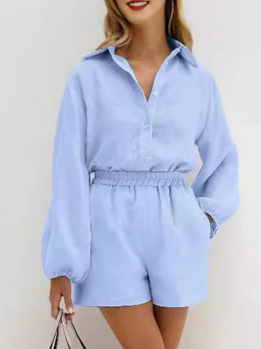 Dame Elegant Kort jumpsuit med ballonærmer og skjortekrave Stilla
