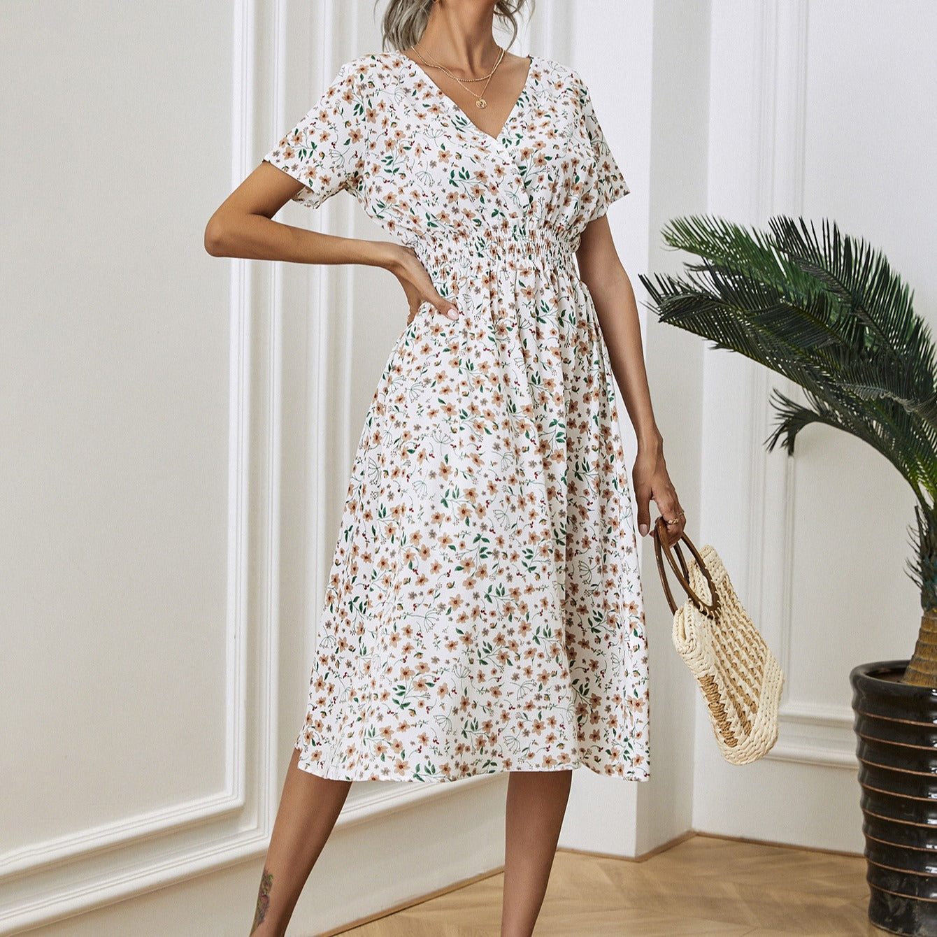 Dame Elegant Floral A-linje Midi Kjole Stilla