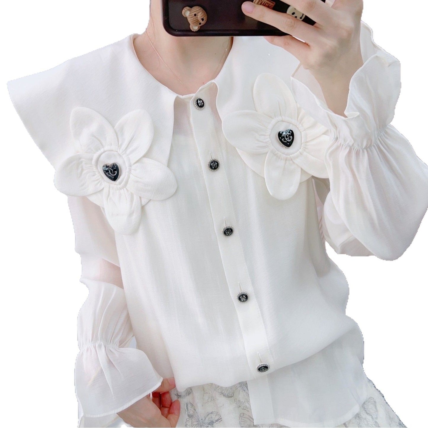 Dame elegant bluse med blomsterapplikationer og puffærmer Stilla