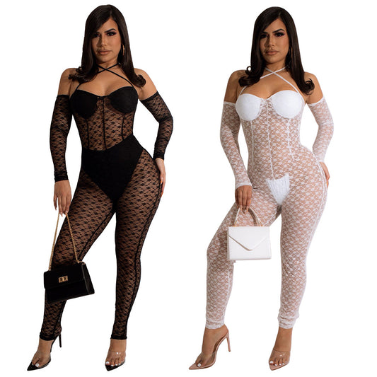 Dame Bodycon Jumpsuit med dyb V-hals og gennemsigtige ærmer Stilla