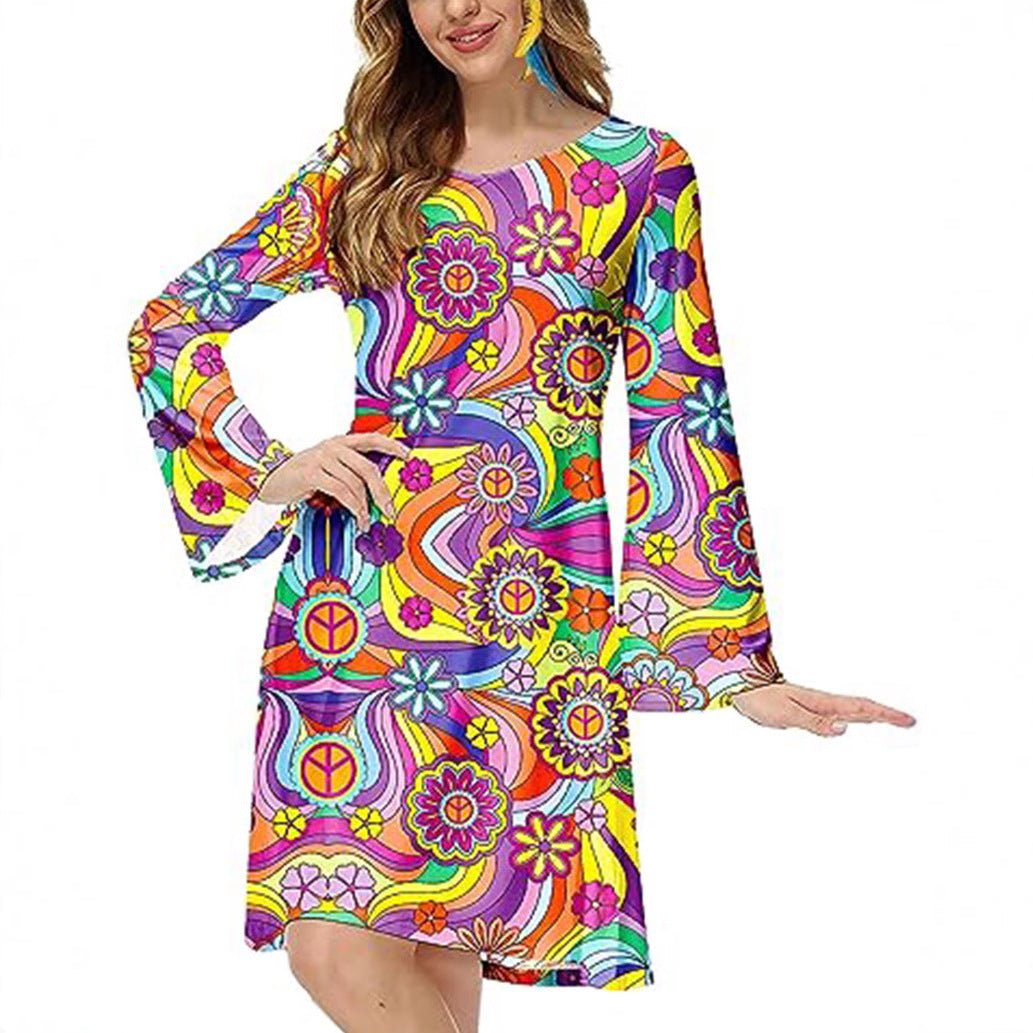 Dame afslappet Boho-kjole med bellende ærmer og farverigt blomsterprint Stiila