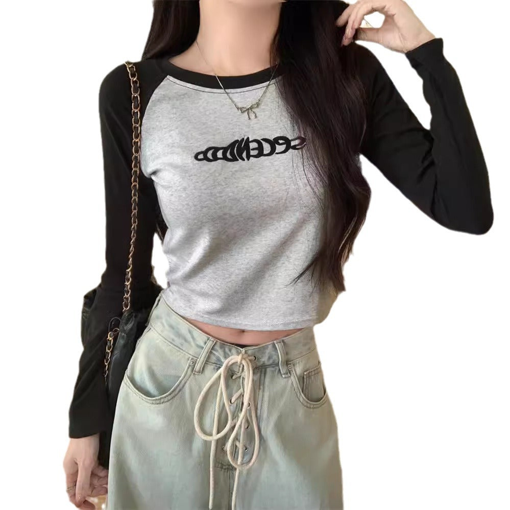 Dame Cropped Langærmet Graphic Tee med Kontrastærmer Stilla