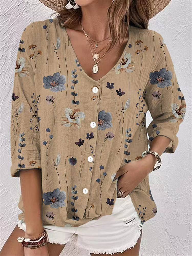 Damebluse med blomstertryk og halve ærmer Stilla