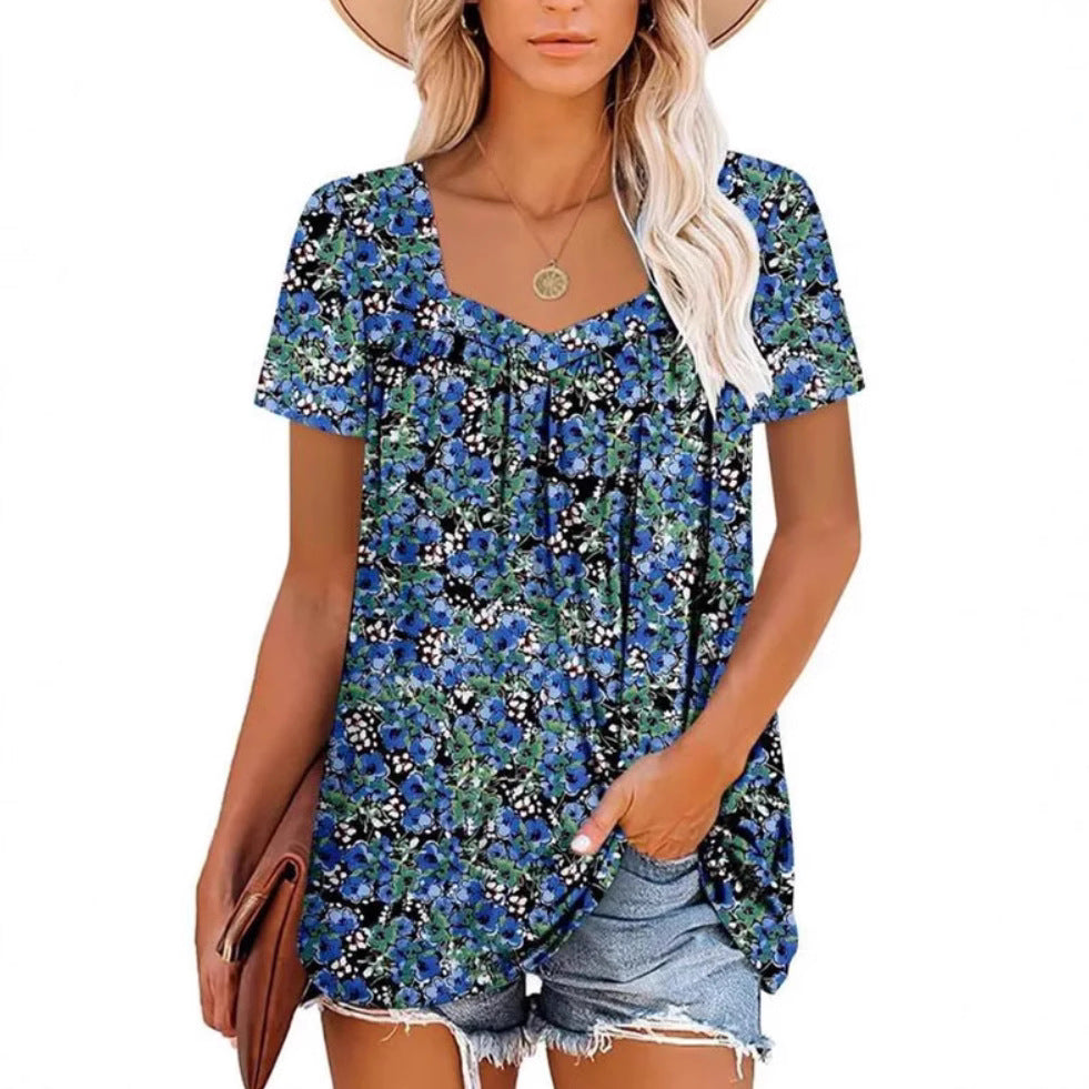 Dame afslappet blomster-top med V-hals og løs pasform Stilla