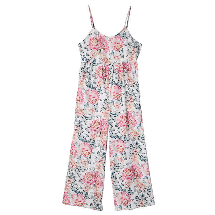 Dame Floral Jumpsuit med brede stropper og elastisk taljebånd Stilla
