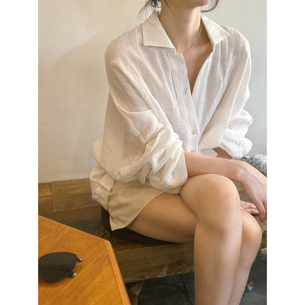 Dame afslappet linnedbluse med knapbar udskæring Stilla