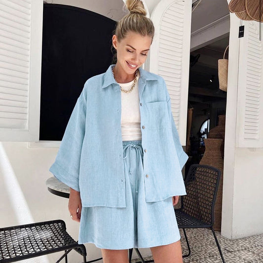 Dame afslappet linned-outfit-sæt med oversized skjorte og shorts Stilla