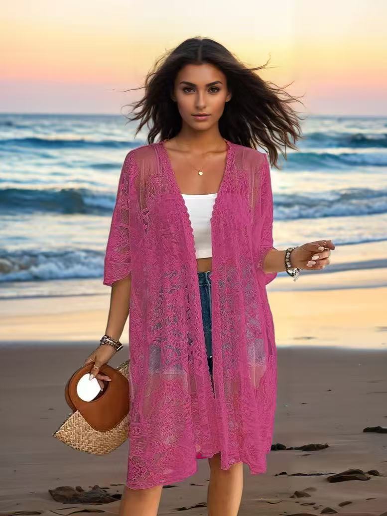 Dame Elegant gennemsigtig Kimono med spidsudsmykning Stilla