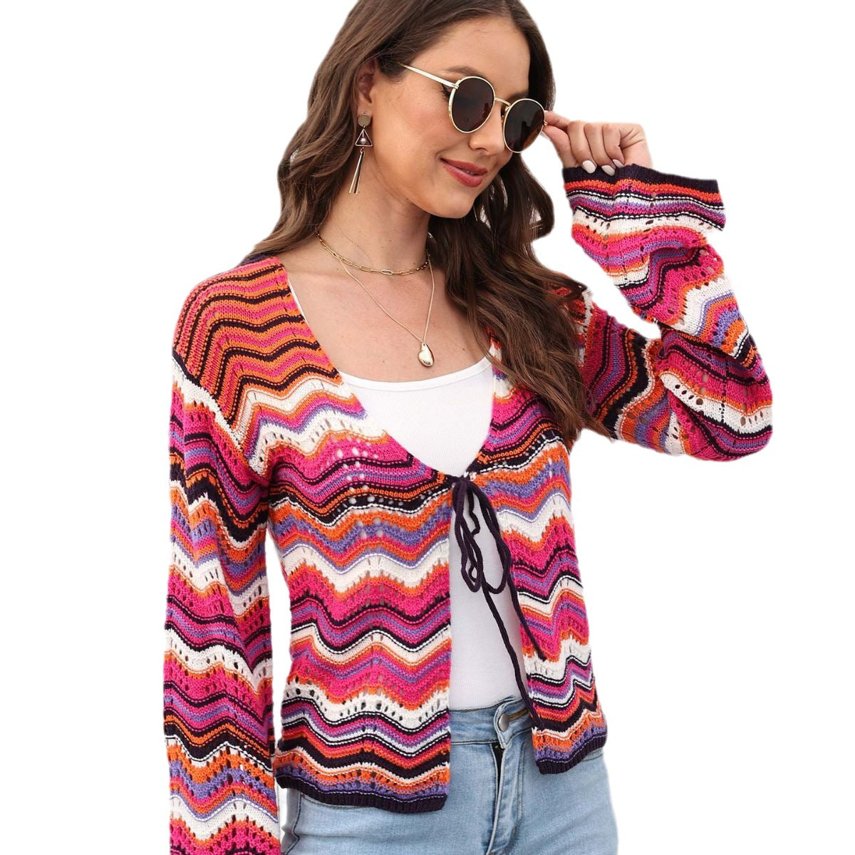 Dame cropped strikjakke med farvemæssigt varieret bølgemønster Stilla