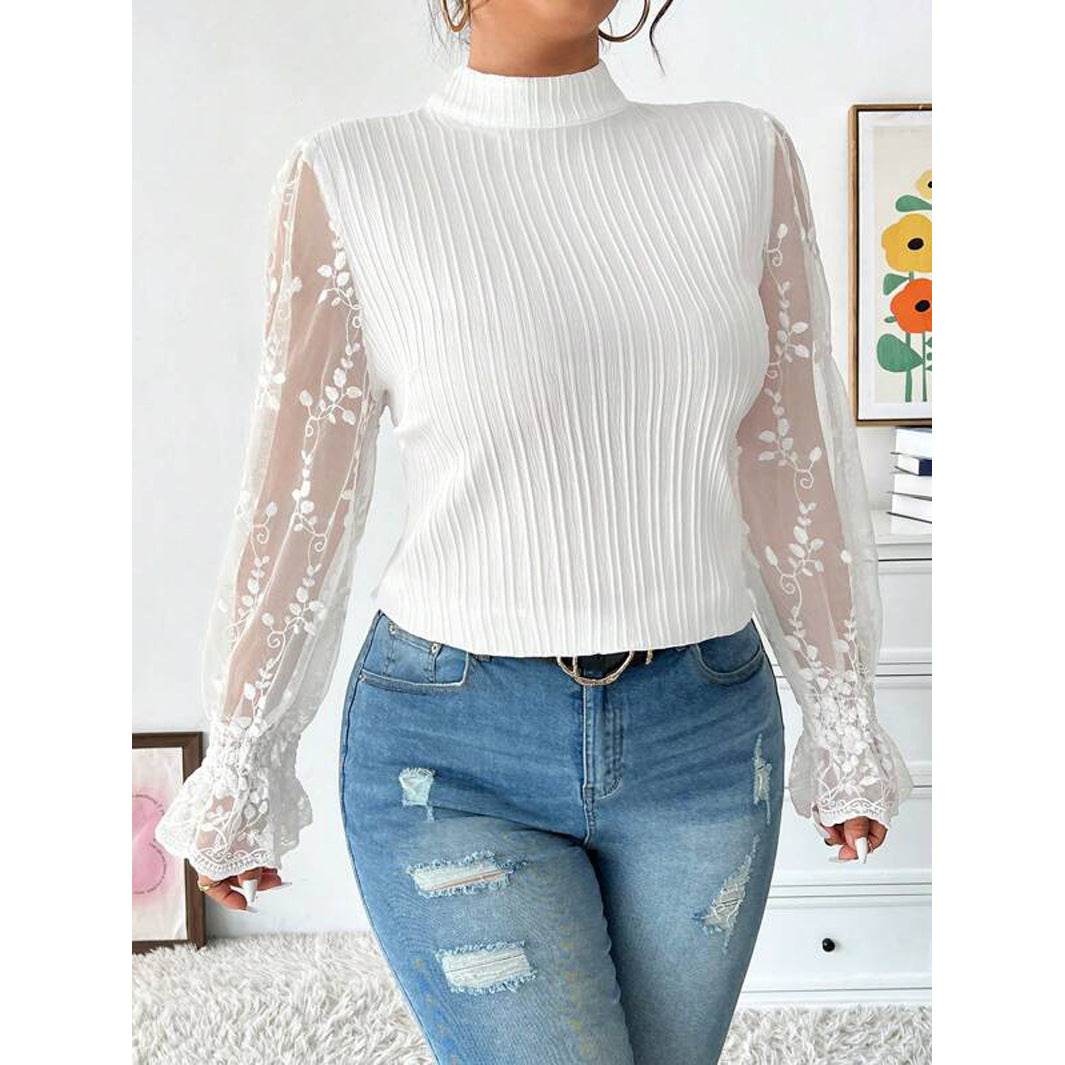 Dame Elegant bluse med gennemsigtige ærmer og rib struktur Stilla