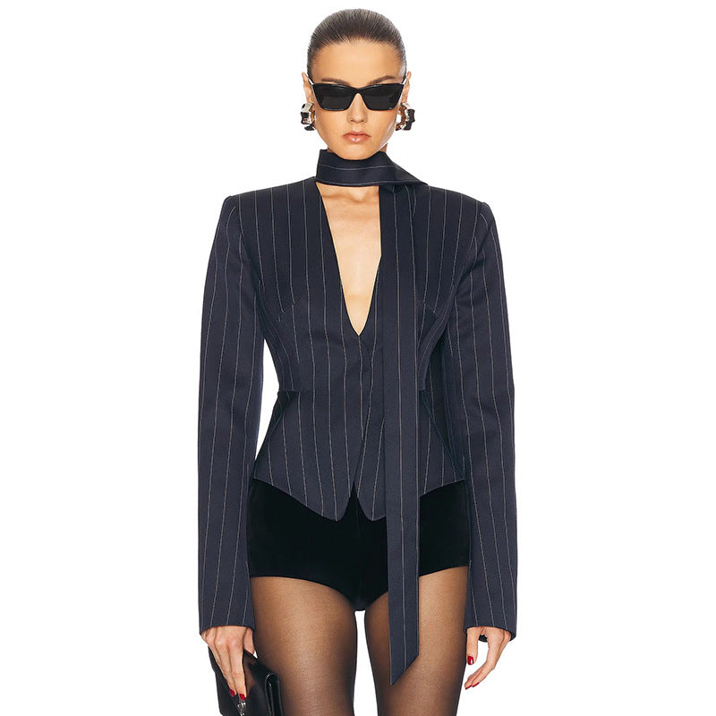 Dame Elegant Blazerjakke med asymmetrisk Krave og Stribemønster Stilla