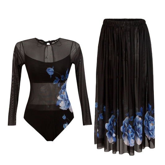 Dame Elegant Badedragt med lang arm og floral nederdel Stilla